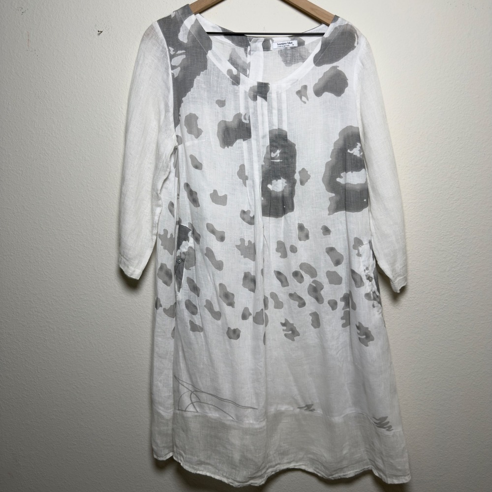 Banana Blue Women 100% Linen Tunic Dress White Gray Abstract Pintuck Lagenlook